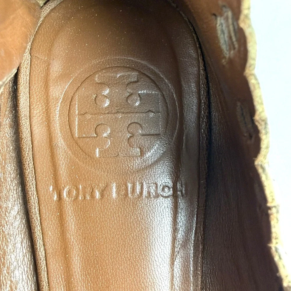 Tory Burch Abbey Flats 6.5 Brown Snakeskin Cap Toe Leather‎ Slip On Gold Logo